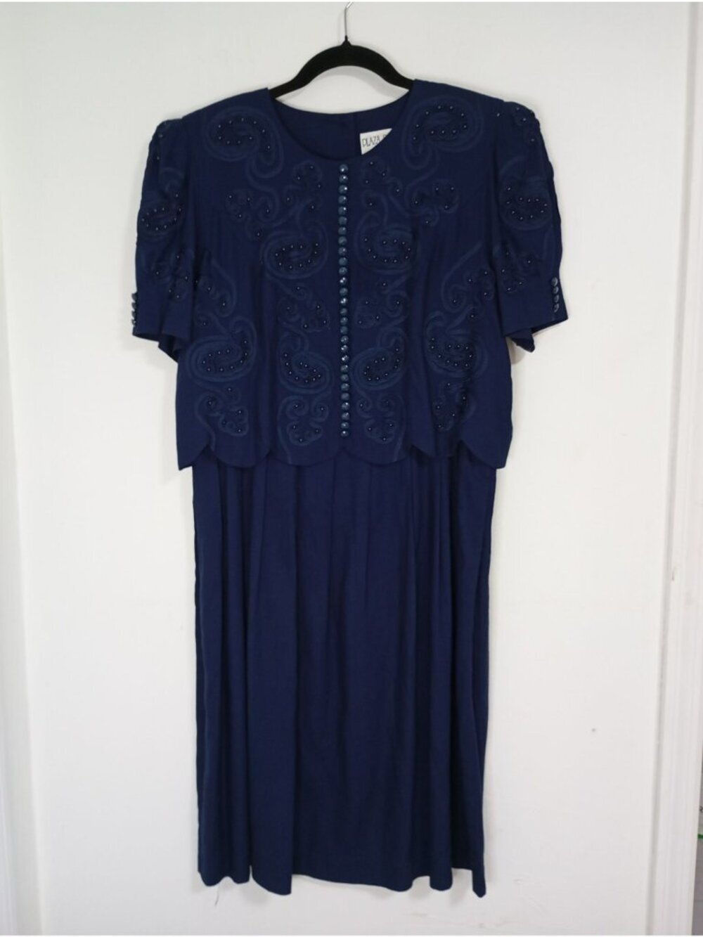 Vintage Plaza South Petites Navy Blue Embellished Dress Button Details Size 12